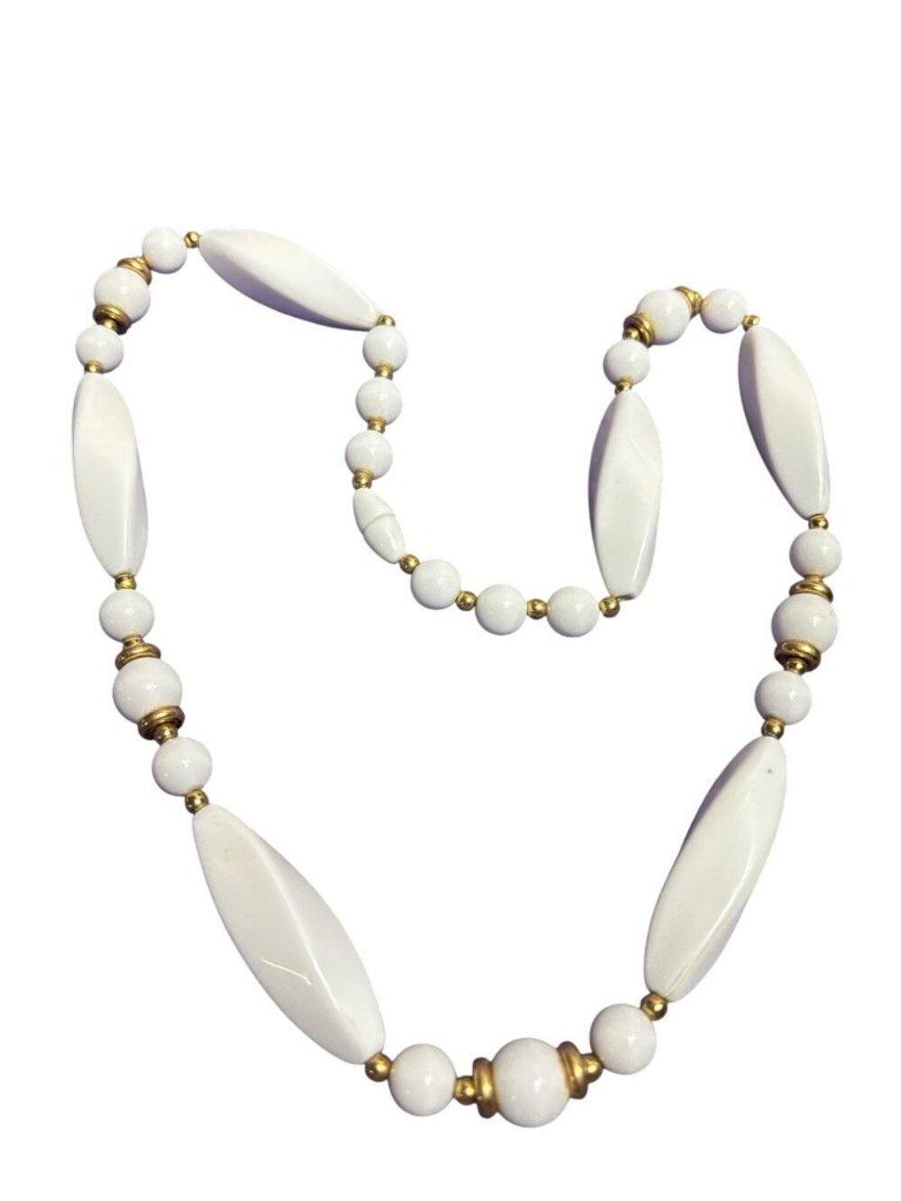Vintage White Plastic Beaded Necklace Goldtone Spacer Beads Hidden Barrel Clasp